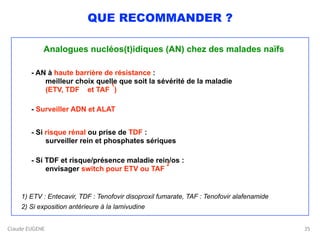Claude EUGENE
QUE RECOMMANDER ?
 
Analogues nucléos(t)idiques (AN) chez des malades naïfs
- AN à haute barrière de résistance : 
meilleur choix quelle que soit la sévérité de la maladie 
(ETV, TDF et TAF
1
)
- Surveiller ADN et ALAT
- Si risque rénal ou prise de TDF :  
surveiller rein et phosphates sériques
- Si TDF et risque/présence maladie rein/os : 
envisager switch pour ETV ou TAF
2
 
1) ETV : Entecavir, TDF : Tenofovir disoproxil fumarate, TAF : Tenofovir alafenamide
2) Si exposition antérieure à la lamivudine
35
 