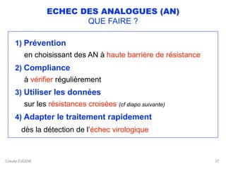 Claude EUGENE
ECHEC DES ANALOGUES (AN)
QUE FAIRE ?
 
1) Prévention 
en choisissant des AN à haute barrière de résistance
2) Compliance 
à vérifier régulièrement
3) Utiliser les données 
sur les résistances croisées (cf diapo suivante)
4) Adapter le traitement rapidement
dès la détection de l’échec virologique
37
 