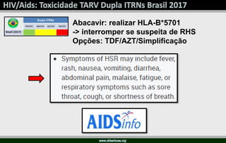 Abacavir: realizar HLA-B*5701
-> interromper se suspeita de RHS
Opções: TDF/AZT/Simplificação
 
