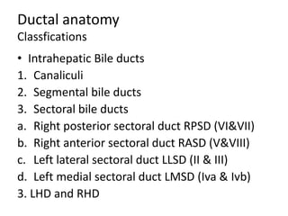 Ductal anatomy
Classfications
• Intrahepatic Bile ducts
1. Canaliculi
2. Segmental bile ducts
3. Sectoral bile ducts
a. Right posterior sectoral duct RPSD (VI&VII)
b. Right anterior sectoral duct RASD (V&VIII)
c. Left lateral sectoral duct LLSD (II & III)
d. Left medial sectoral duct LMSD (Iva & Ivb)
3. LHD and RHD
 