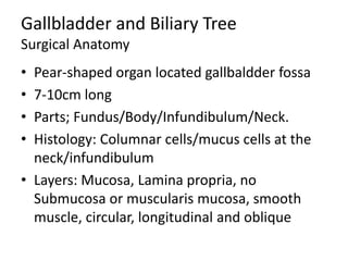 Gallbladder and Biliary Tree
Surgical Anatomy
• Pear-shaped organ located gallbaldder fossa
• 7-10cm long
• Parts; Fundus/Body/Infundibulum/Neck.
• Histology: Columnar cells/mucus cells at the
neck/infundibulum
• Layers: Mucosa, Lamina propria, no
Submucosa or muscularis mucosa, smooth
muscle, circular, longitudinal and oblique
 
