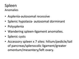 Spleen
Anomalies
• Asplenia-autosomal recessive
• Splenic hypolasia- autosomal dorminant
• Polysplenia
• Wandering spleen-ligament anomalies.
• Splenic cysts
• Accessory spleen x 7 sites: hilium/pedicle/tail
of pancreas/splenocolic ligament/greater
omentum/mesentery/left ovary.
 