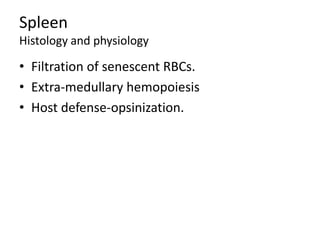 Spleen
Histology and physiology
• Filtration of senescent RBCs.
• Extra-medullary hemopoiesis
• Host defense-opsinization.
 