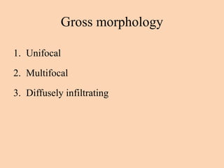 Gross morphology
1. Unifocal
2. Multifocal
3. Diffusely infiltrating
 