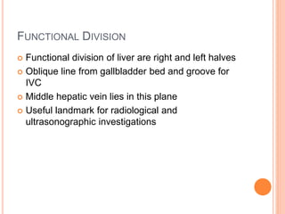 FUNCTIONAL DIVISION
 Functional division of liver are right and left halves
 Oblique line from gallbladder bed and groove for
IVC
 Middle hepatic vein lies in this plane
 Useful landmark for radiological and
ultrasonographic investigations
 