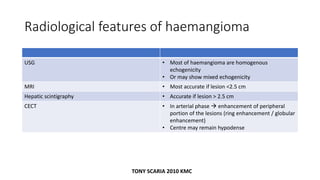Radiological features of haemangioma
USG • Most of haemangioma are homogenous
echogenicity
• Or may show mixed echogenicity
MRI • Most accurate if lesion <2.5 cm
Hepatic scintigraphy • Accurate if lesion > 2.5 cm
CECT • In arterial phase  enhancement of peripheral
portion of the lesions (ring enhancement / globular
enhancement)
• Centre may remain hypodense
TONY SCARIA 2010 KMC
 