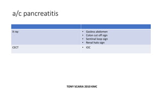 a/c pancreatitis
X ray • Gasless abdomen
• Colon cut off sign
• Sentinal loop sign
• Renal halo sign
CECT • IOC
TONY SCARIA 2010 KMC
 
