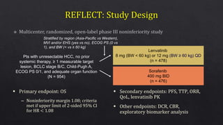 Pts with unresectable HCC, no prior
systemic therapy, ≥ 1 measurable target
lesion, BCLC stage B/C, Child-Pugh A,
ECOG PS 0/1, and adequate organ function
(N = 954)
Lenvatinib
8 mg (BW < 60 kg) or 12 mg (BW ≥ 60 kg) QD
(n = 478)
Sorafenib
400 mg BID
(n = 476)
Cheng AL, et al. ASCO 2017. Abstract 4001.
Stratified by region (Asia-Pacific vs Western),
MVI and/or EHS (yes vs no), ECOG PS (0 vs
1), and BW (< vs ≥ 60 kg)
 Primary endpoint: OS
– Noninferiority margin 1.08; criteria
met if upper limit of 2-sided 95% CI
for HR < 1.08
 Secondary endpoints: PFS, TTP, ORR,
QoL, lenvatinib PK
 Other endpoints: DCR, CBR,
exploratory biomarker analysis
 