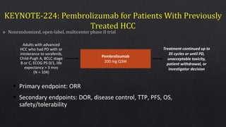 Zhu. Lancet Oncol. 2018;19:940.
 Primary endpoint: ORR
 Secondary endpoints: DOR, disease control, TTP, PFS, OS,
safety/tolerability
Adults with advanced
HCC who had PD with or
intolerance to sorafenib,
Child-Pugh A, BCLC stage
B or C, ECOG PS 0/1, life
expectancy > 3 mos
(N = 104)
Pembrolizumab
200 mg Q3W
Treatment continued up to
35 cycles or until PD,
unacceptable toxicity,
patient withdrawal, or
investigator decision
 