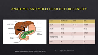 Gene Gallbladder EHCC IHC
KRAS 3-38 10-15 45-54
BRAF 0-33 0 0-22
EGFR 9-12 5-18 10-20
ERBB2/HER2 16 5 0
PI3K 4 0 9
Adapted from De Groen et al. NEJM; 341(18):1368-78, 1999 Hezel et al, JCO, 2010 28:3531-3540
 
