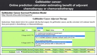 Gallbladder cancer:
Online prediction calculator estimating benefit of adjuvant
chemotherapy or chemoradiotherapy
http://skynet.ohsu.edu/nomograms.
 