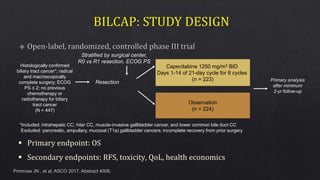Primrose JN , et al. ASCO 2017. Abstract 4006.
 Primary endpoint: OS
 Secondary endpoints: RFS, toxicity, QoL, health economics
Capecitabine 1250 mg/m2 BID
Days 1-14 of 21-day cycle for 8 cycles
(n = 223)
Observation
(n = 224)
Histologically confirmed
biliary tract cancer*; radical
and macroscopically
complete surgery; ECOG
PS ≤ 2; no previous
chemotherapy or
radiotherapy for biliary
tract cancer
(N = 447)
Primary analysis
after minimum
2-yr follow-up
Resection
*Included: intrahepatic CC, hilar CC, muscle-invasive gallbladder cancer, and lower common bile duct CC
Excluded: pancreatic, ampullary, mucosal (T1a) gallbladder cancers; incomplete recovery from prior surgery
Stratified by surgical center,
R0 vs R1 resection, ECOG PS
 