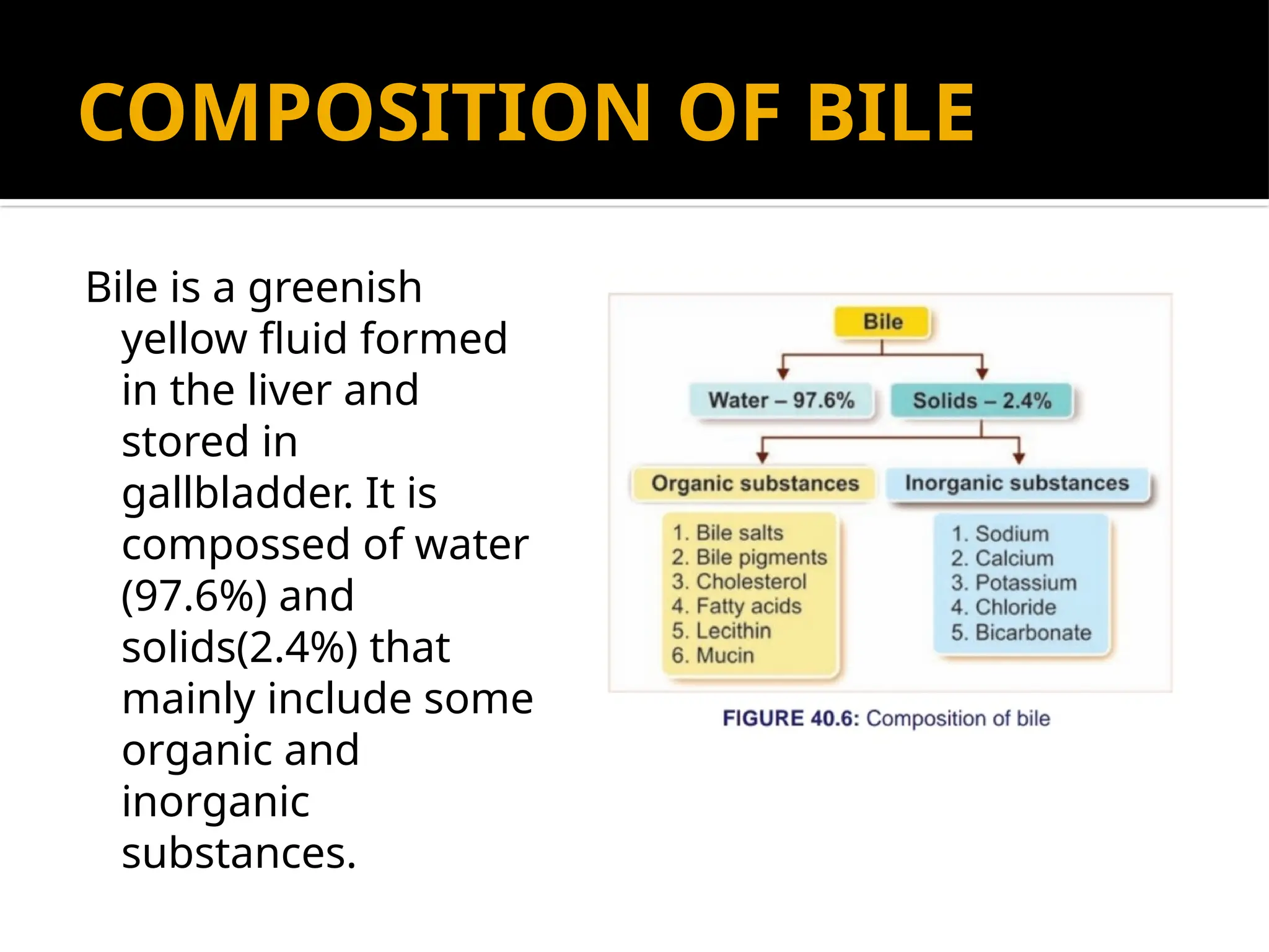 COMPOSITION OF BILE
Bile is a greenish
yellow fluid formed
in the liver and
stored in
gallbladder. It is
compossed of water
(97.6%) and
solids(2.4%) that
mainly include some
organic and
inorganic
substances.
 