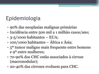 Epidemiologia90% das neoplasias malignas primárias Incidência entre 500 mil a 1 milhão casos/ano;3-5/1000 habitantes – EUA;100/1000 habitantes – África e Ásia;5º tumor maligno mais frequente entre homens e 9º entre mulheres;70-90% dos CHC estão associados à cirrose (macronodular);20-40% das cirroses evoluem para CHC.