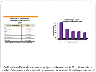 Perfil epidemiológico de los tumores malignos en México. Junio 2011. Secretaria de
salud. Subsecretaría de prevención y promoción de la salud. Dirección general de
 