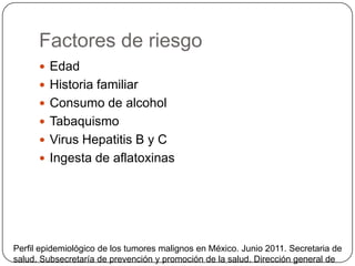 Factores de riesgo
       Edad
       Historia familiar
       Consumo de alcohol
       Tabaquismo
       Virus Hepatitis B y C
       Ingesta de aflatoxinas




Perfil epidemiológico de los tumores malignos en México. Junio 2011. Secretaria de
salud. Subsecretaría de prevención y promoción de la salud. Dirección general de
 