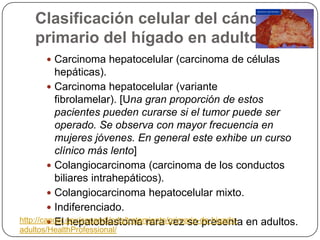 Clasificación celular del cáncer
    primario del hígado en adultos
        Carcinoma hepatocelular (carcinoma de células
           hepáticas).
          Carcinoma hepatocelular (variante
           fibrolamelar). [Una gran proporción de estos
           pacientes pueden curarse si el tumor puede ser
           operado. Se observa con mayor frecuencia en
           mujeres jóvenes. En general este exhibe un curso
           clínico más lento]
          Colangiocarcinoma (carcinoma de los conductos
           biliares intrahepáticos).
          Colangiocarcinoma hepatocelular mixto.
          Indiferenciado.
http://cancer.gov/espanol/pdq/tratamiento/primario-de-higado- en adultos.
          El hepatoblastoma rara vez se presenta
adultos/HealthProfessional/
 
