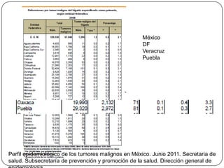México
DF
Veracruz
Puebla
Perfil epidemiológico de los tumores malignos en México. Junio 2011. Secretaria de
salud. Subsecretaría de prevención y promoción de la salud. Dirección general de
 