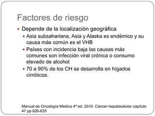Factores de riesgo
 Depende de la localización geográfica
 Asia subsahariana, Asia y Alaska es endémico y su
causa más común es el VHB
 Países con incidencia baja las causas más
comunes son infección viral crónica o consumo
elevado de alcohol
 70 a 90% de los CH se desarrolla en hígados
cirróticos.
Manual de Oncología Médica 4ª ed. 2010. Cáncer hepatocelular capítulo
47 pp 626-635
 