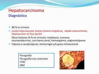 Hepatocarcinoma
Diagnóstico
 90 % en cirrosis
 Lesión hipervascular precoz (arteria hepática), rápido aclaramiento,
hipovascular en fase portal
Otras lesiones (4 % en cirrosis): metástasis, tumores
neuroendocrinos, carcinoma renal, hemangioma, angiomiolipoma
 Cápsula o seudocápsula, hemorragia y/o grasa intratumoral
•Ecografía
•Ecografía con contraste
•TAC
•RM
 