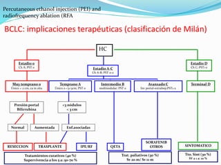 BCLC: implicaciones terapéuticas (clasificación de Milán)
HC
Estadio 0
Ch A; PST 0 Estadio A-C
Ch A-B; PST 0-2
Estadio D
Ch C; PST>2
Muy temprano 0
Único < 2 cm, ca in situ
Temprano A
Único o <3<3cm; PST 0
Intermedio B
multinodular; PST 0
Avanzado C
Inv portal-extrahep;PST1-2
Terminal D
Presión portal
Bilirrubina
<3 nódulos
< 3 cm
Normal Aumentada
RESECCION
Enf.asociadas
TRASPLANTE IPE/RF QETA
SORAFENIB
OTROS SINTOMATICO
Tratamientos curativos (40 %)
Supervivencia a los 5 a: 50-70 %
Trat. paliativos (30 %)
Sv 20 m/ Sv 11 m
Tto. Sint (30 %)
SV a 1 a: 10 %
Percutaneous ethanol injection (PEI) and
radiofrequency ablation (RFA
 