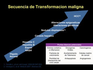 Puntos blancos potenciales
Estress oxidativo
e inflamacion
Oncogenes
Virales
Carcinogenos
Factores de
crecimiento
Acortameniento
de Telomeros
Celulas madrre
de cancer
Perdidad de
checkpoints del
ciclo celular
Antiapoptosis Angiogenesis
Higado
Normal
Cirrosis hepatica
Hepatitis C
Hepatitis B
Etanol
NASH
Alteraciones epigeneticas
Alteraciones geneticas
HCC[2]
Nodulos displasicos[1]
1. Tornillo L, et al. Lab Invest. 2002;82:547-553.
2. Verslype C, et al. AASLD 2007. Abstract 24.
Secuencia de Transformacion maligna
 