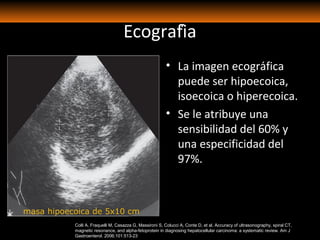 Ecografía
• La imagen ecográfica
puede ser hipoecoica,
isoecoica o hiperecoica.
• Se le atribuye una
sensibilidad del 60% y
una especificidad del
97%.
Colli A, Fraquelli M, Casazza G, Massironi S, Colucci A, Conte D, et al. Accuracy of ultrasonography, spiral CT,
magnetic resonance, and alpha-fetoprotein in diagnosing hepatocellular carcinoma: a systematic review. Am J
Gastroenterol. 2006;101:513-23
masa hipoecoica de 5x10 cm
 