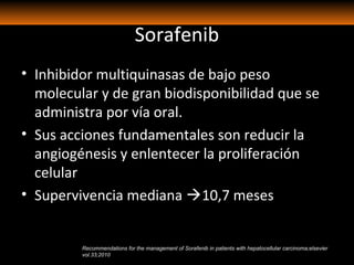 Sorafenib
• Inhibidor multiquinasas de bajo peso
molecular y de gran biodisponibilidad que se
administra por vía oral.
• Sus acciones fundamentales son reducir la
angiogénesis y enlentecer la proliferación
celular
• Supervivencia mediana 10,7 meses
Recommendations for the management of Sorafenib in patients with hepatocellular carcinoma;elsevier
vol.33;2010
 