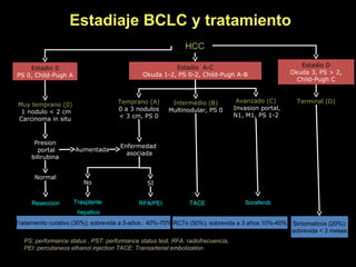 Terminal (D)Intermedio (B)
Multinodular, PS 0
Muy temprano (0)
1 nodulo < 2 cm
Carcinoma in situ
Temprano (A)
0 a 3 nodulos
< 3 cm, PS 0
Avanzado (C)
Invasion portal,
N1, M1, PS 1-2
HCC
Estadio 0
PS 0, Child-Pugh A
Estadio A-C
Okuda 1-2, PS 0-2, Child-Pugh A-B
Estadio D
Okuda 3, PS > 2,
Child-Pugh C
Estadiaje BCLC y tratamiento
Trasplante
hepatico
RFA/PEI
Tratamiento curativo (30%); sobrevida a 5-años : 40%-70%
TACE
Aumentada
Enfermedad
asociada
Normal
No SI
Sorafenib
Presion
portal
bilirubina
Reseccion
Sintomaticos (20%);
sobrevida < 3 meses
RCTs (50%); sobrevida a 3 años 10%-40%
PS: performance status , PST: performance status test, RFA: radiofrecuencia,
PEI: percutaneos ethanol injection TACE: Transarterial embolization
 