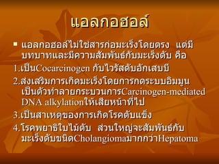 แอลกอฮอล์ แอลกอฮอล์ไม่ใช่สารก่อมะเร็งโดยตรง  แต่มีบทบาทและมีความสัมพันธ์กับมะเร็งตับ คือ 1. เป็น Cocarcinogen  กับไวรัสตับอักเสบบี 2. ส่งเสริมการเกิดมะเร็งโดยการกดระบบอิมมูน  เป็นตัวทำลายกระบวนการ Carcinogen-mediated DNA alkylation ให้เสียหน้าที่ไป 3. เป็นสาเหตุของการเกิดโรคตับแข็ง 4. โรคพยาธิใบไม้ตับ  ส่วนใหญ่จะสัมพันธ์กับมะเร็งตับขนิด Cholangioma มากกว่า Hepatoma 