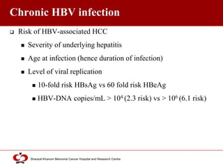 Click to edit Master title style
Shaukat Khanum Memorial Cancer Hospital and Research Centre
Chronic HBV infection
 Risk of HBV-associated HCC
 Severity of underlying hepatitis
 Age at infection (hence duration of infection)
 Level of viral replication
 10-fold risk HBsAg vs 60 fold risk HBeAg
 HBV-DNA copies/mL > 104 (2.3 risk) vs > 106 (6.1 risk)
 