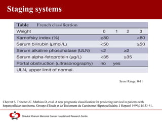 Click to edit Master title style
Shaukat Khanum Memorial Cancer Hospital and Research Centre
Staging systems
Chevret S, Trinchet JC, Mathieu D, et al. A new prognostic classification for predicting survival in patients with
hepatocellular carcinoma. Groupe d'Etude et de Traitement du Carcinome Hépatocellulaire. J Hepatol 1999;31:133-41.
Score Range: 0-11
 