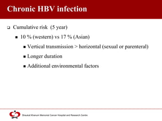 Click to edit Master title style
Shaukat Khanum Memorial Cancer Hospital and Research Centre
Chronic HBV infection
 Cumulative risk (5 year)
 10 % (western) vs 17 % (Asian)
 Vertical transmission > horizontal (sexual or parenteral)
 Longer duration
 Additional environmental factors
 