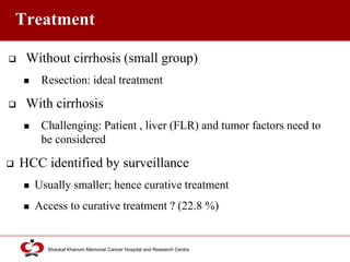 Click to edit Master title style
Shaukat Khanum Memorial Cancer Hospital and Research Centre
Treatment
 Without cirrhosis (small group)
 Resection: ideal treatment
 With cirrhosis
 Challenging: Patient , liver (FLR) and tumor factors need to
be considered
 HCC identified by surveillance
 Usually smaller; hence curative treatment
 Access to curative treatment ? (22.8 %)
 