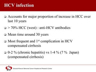 Click to edit Master title style
Shaukat Khanum Memorial Cancer Hospital and Research Centre
HCV infection
 Accounts for major proportion of increase in HCC over
last 10 years
 > 70% HCC (west) : anti-HCV antibodies
 Mean time around 30 years
 Most frequent and 1st complication in HCV
compensated cirrhosis
 0-2 % (chronic hepatitis) vs 1-4 % (7 % Japan)
(compensated cirrhosis)
 
