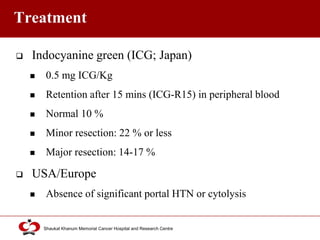 Click to edit Master title style
Shaukat Khanum Memorial Cancer Hospital and Research Centre
Treatment
 Indocyanine green (ICG; Japan)
 0.5 mg ICG/Kg
 Retention after 15 mins (ICG-R15) in peripheral blood
 Normal 10 %
 Minor resection: 22 % or less
 Major resection: 14-17 %
 USA/Europe
 Absence of significant portal HTN or cytolysis
 