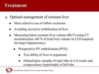 Click to edit Master title style
Shaukat Khanum Memorial Cancer Hospital and Research Centre
Treatment
 Optimal management of remnant liver
 More selective use of inflow occlusion
 Avoiding excessive mobilization of liver
 Measuring future remnant liver volume (RLV) using CT
reconstruction. (40 % of total liver volume in CLD required
for major hepatectomy)
 Preoperative PV embolization (PVE)
 Test ability of liver to regenerate
 Ethanol/glue: atrophy of right lobe in 2-6 weeks and
compensatory hypertrophy of left lobe
 