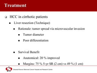 Click to edit Master title style
Shaukat Khanum Memorial Cancer Hospital and Research Centre
Treatment
 HCC in cirrhotic patients
 Liver resection (Technique)
 Rationale: tumor spread via microvascular invasion
 Tumor diameter
 Poor differentiation
 Survival Benefit
 Anatomical: 20 % improved
 Margins: 75 % 5-yr SR (2 cm) vs 49 % (1 cm)
 
