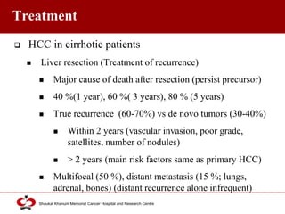 Click to edit Master title style
Shaukat Khanum Memorial Cancer Hospital and Research Centre
Treatment
 HCC in cirrhotic patients
 Liver resection (Treatment of recurrence)
 Major cause of death after resection (persist precursor)
 40 %(1 year), 60 %( 3 years), 80 % (5 years)
 True recurrence (60-70%) vs de novo tumors (30-40%)
 Within 2 years (vascular invasion, poor grade,
satellites, number of nodules)
 > 2 years (main risk factors same as primary HCC)
 Multifocal (50 %), distant metastasis (15 %; lungs,
adrenal, bones) (distant recurrence alone infrequent)
 