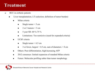 Click to edit Master title style
Shaukat Khanum Memorial Cancer Hospital and Research Centre
Treatment
 HCC in cirrhotic patients
 Liver transplantation; LT (selection; definition of tumor burden)
 Milan criteria
 Single tumor < 5 cm
 2 or 3 tumors < 3 cm
 5 year SR: 60 %-75 %
 Limitations: Too restrictive (need for expanded criteria)
 UCSF criteria
 Single tumor < 6.5 cm
 3 or fewer, largest < 4.5 cm, sum of diameters < 8 cm
 Others: Poor differentiation, high/increasing AFP
 2012 consensus: limited expansion of standard Milan criteria
 Future: Molecular profiling rather than tumor morphology
 