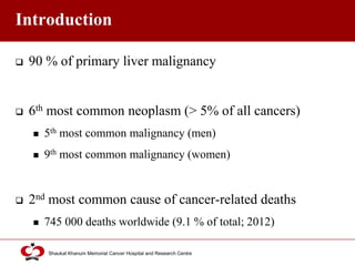 Click to edit Master title style
Shaukat Khanum Memorial Cancer Hospital and Research Centre
Introduction
 90 % of primary liver malignancy
 6th most common neoplasm (> 5% of all cancers)
 5th most common malignancy (men)
 9th most common malignancy (women)
 2nd most common cause of cancer-related deaths
 745 000 deaths worldwide (9.1 % of total; 2012)
 