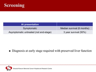 Click to edit Master title style
Shaukat Khanum Memorial Cancer Hospital and Research Centre
Screening
 Diagnosis at early stage required with preserved liver function
At presentation
Symptomatic Median survival (6 months)
Asymptomatic untreated (not end-stage) 3 year survival (50%)
 