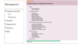 Management
• Curative intent Rx
• LT
• Resection
• Ablation
• Regional Rx
• Systemic
• BSC
22
 
