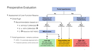 Preoperative Evaluation
• Assessment of Liver Function Reserve : CP, PH, ICG
• Child Pugh
• Recommendation based on CP Classification
• A WITHOUT CIRRHOSIS Can undergo major resection
• B or WITH CIRRHOSIS  Limited resection for small tumors located near the surface
• C  Resection NOT INDICATED even if small
• Portal hypertension : remains controversial but generally disfavors resection.
• HVPG >10, practically diagnosed with varices or low platelet with splenomegaly.
• If resection planned, control varices and platelet.
28
 