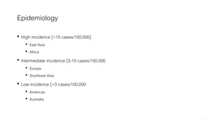 Epidemiology
• High incidence [>15 cases/100,000]
• East Asia
• Africa
• Intermediate incidence [3-15 cases/100,000
• Europe
• Southeast Asia
• Low incidence [<3 cases/100,000
• Americas
• Australia
5
 