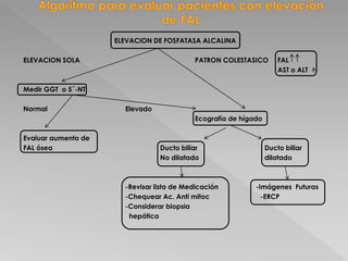 ELEVACION DE FOSFATASA ALCALINA
ELEVACION SOLA PATRON COLESTASICO FAL
AST o ALT
Medir GGT o 5´-NT
Normal Elevado
Ecografía de hígado
Evaluar aumento de
FAL ósea Ducto biliar Ducto biliar
No dilatado dilatado
-Revisar lista de Medicación -Imágenes Futuras
-Chequear Ac. Anti mitoc -ERCP
-Considerar biopsia
hepática
 