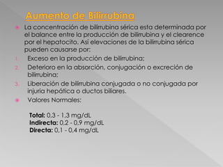  La concentración de bilirrubina sérica esta determinada por
el balance entre la producción de bilirrubina y el clearence
por el hepatocito. Así elevaciones de la bilirrubina sérica
pueden causarse por:
1. Exceso en la producción de bilirrubina;
2. Deterioro en la absorción, conjugación o excreción de
bilirrubina;
3. Liberación de bilirrubina conjugada o no conjugada por
injuria hepática o ductos biliares.
 Valores Normales:
Total: 0,3 - 1,3 mg/dL
Indirecta: 0,2 - 0,9 mg/dL
Directa: 0,1 - 0,4 mg/dL
 
