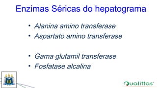 Enzimas Séricas do hepatograma
• Alanina amino transferase
• Aspartato amino transferase
• Gama glutamil transferase
• Fosfatase alcalina
 