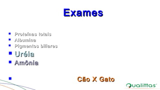 ExamesExames
 Proteínas totaisProteínas totais
 AlbuminaAlbumina
 Pigmentos biliaresPigmentos biliares
 UréiaUréia
 AmôniaAmônia
 Cão X GatoCão X Gato
 
