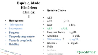 Espécie, idade
Histórico:
Clínica:
I
• Hemograma:
• Eritrograma
• Leucograma
• PlaquetasPlaquetas
• Tempo de sangramentoTempo de sangramento
• Testes de coagulaçãoTestes de coagulação
• UrináliseUrinálise
• Química Clínica
• ALT
• AST x U/L
• GGT x U/L
• ALP x U/L
• Proteínas Totais x g/dL
• Albumina x g/dL
• *Bilirrubinas ? x mg/dL
• Glicose ? x mg/dL
• Uréia
• Amônia
• Acidos biliares
 